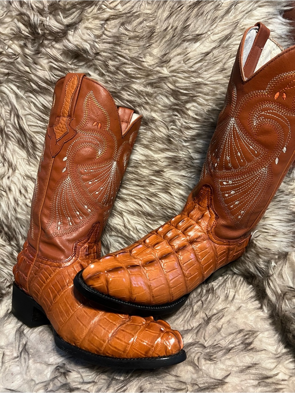 Men's ESPOLON Exotic CAIMAN PRINT & Leather Western Boots in Cognac Brown Sz 6